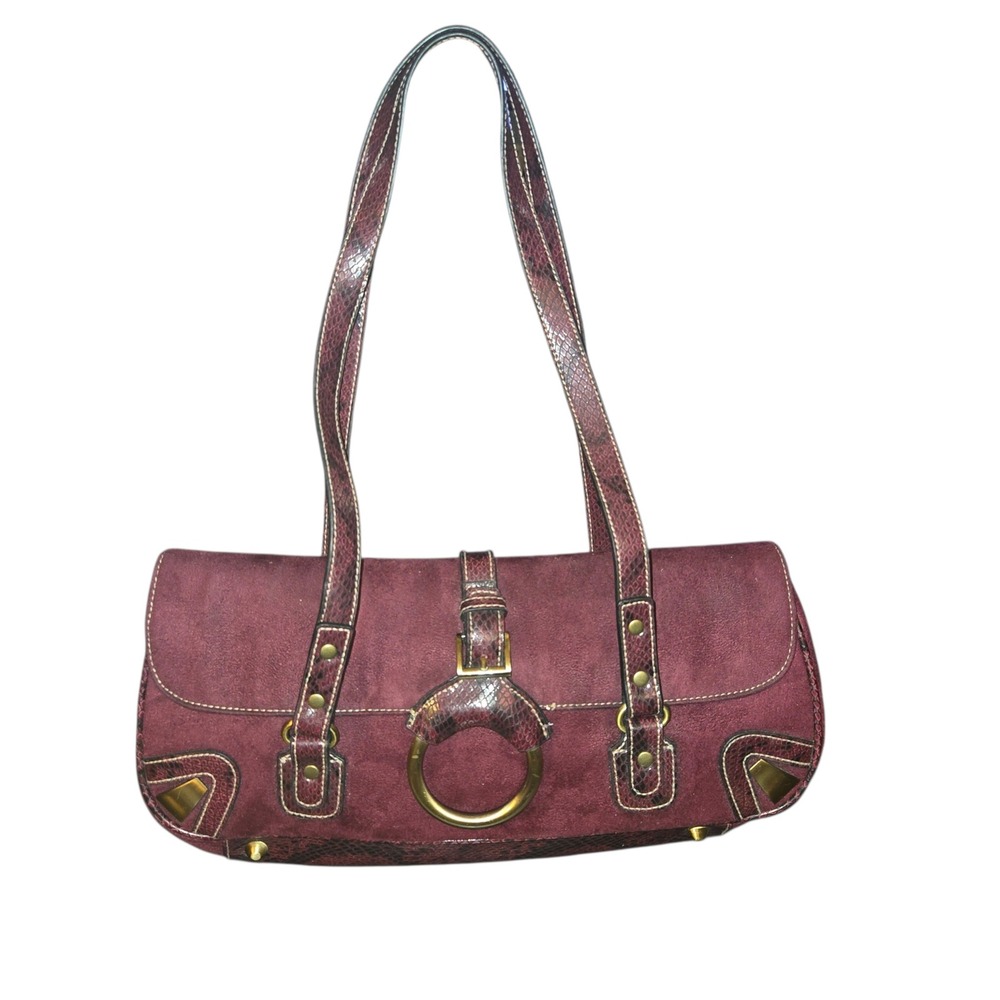 Bisou Bisou Y2K VTG Shoulder Bag Med Maroon Snakeskin Trim Faux Suede Baguette